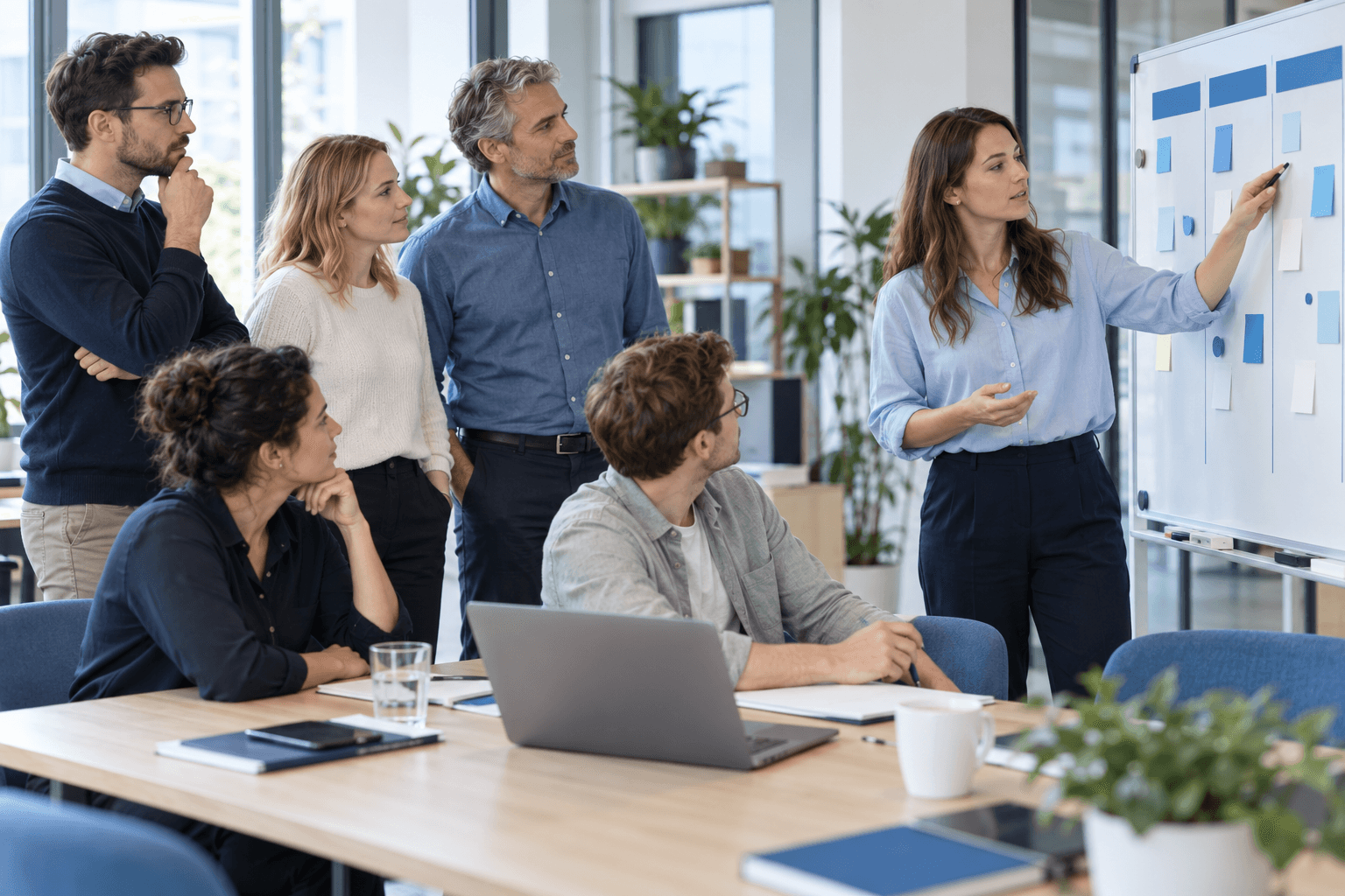 Ein fiktives Team mit sechs Personen bespricht Arbeitsabläufe vor einer Planungstafel.