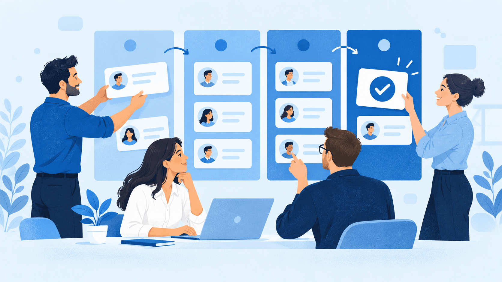Ein Vertriebsteam organisiert Kundenkontakte in einer übersichtlichen CRM-Pipeline.
