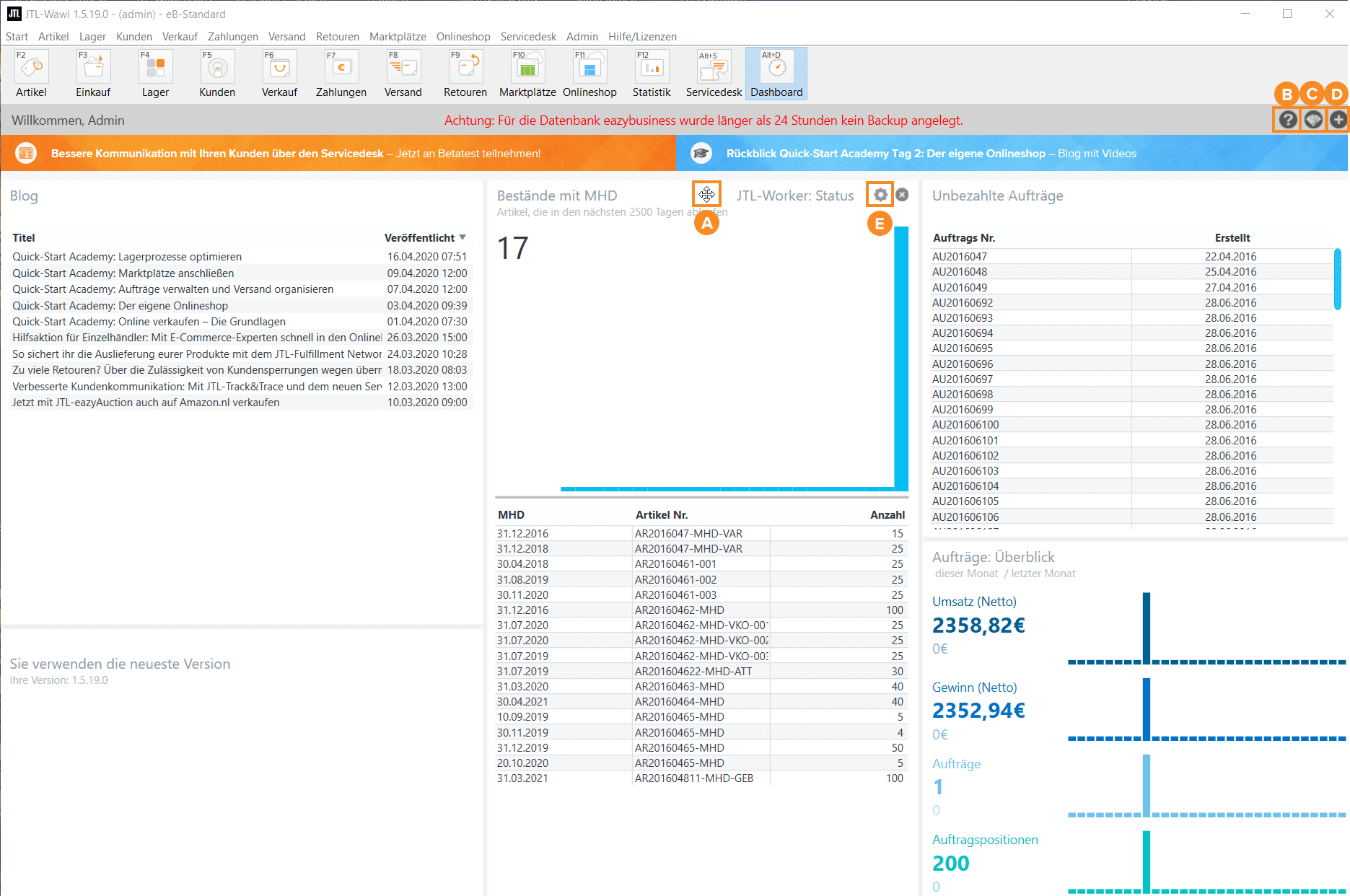 Originales Dashboard von JTL-Wawi mit Lagerkennzahlen und Verkaufsstatistiken.