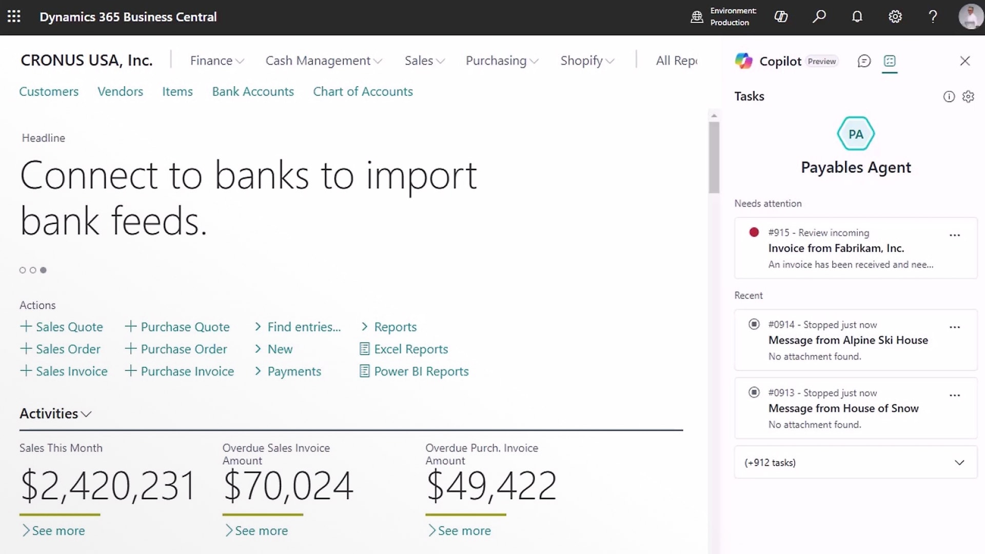 Dashboard mit Verkaufskennzahlen: Originalansicht von Microsoft Dynamics 365 Business Central.