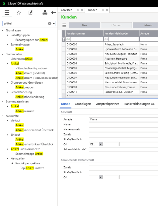 Deutsche Sage 100 Smart Edition mit Kundenliste, Stammdaten und Suchfunktion im Regiezentrum.