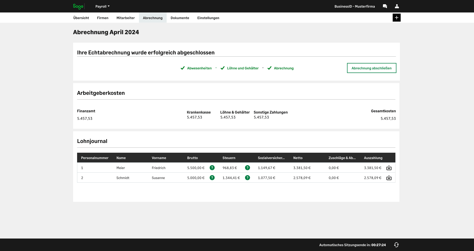 Deutsche Sage Payroll-Abrechnungsoberfläche mit Arbeitgeberkosten und Lohnjournal; Herstellerbeispiel aus der Produktvorstellung von Sage HR & Payroll.