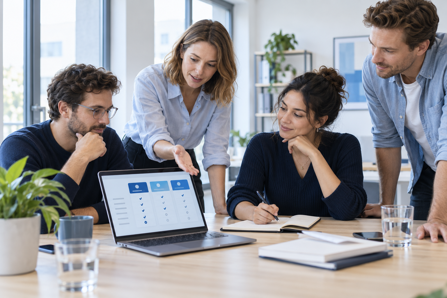 Vier fiktive Berufstätige besprechen gemeinsam eine Softwareauswahl in einem hellen Büro.